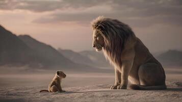 Lion and cub in scenic landscape photo