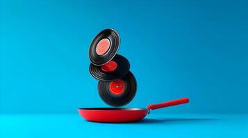 Vinyl records falling into red frying pan on blue background photo