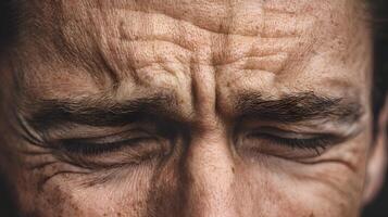 Close up of man experiencing intense emotion with eyes closed and forehead wrinkled photo