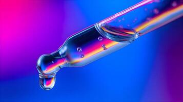 Pipette dropping transparent liquid on colorful background photo