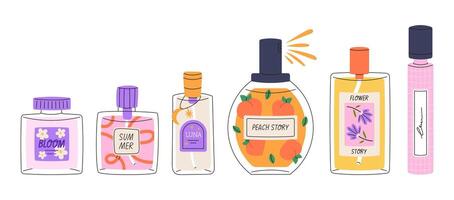 Colorful perfume bottles lineup vector