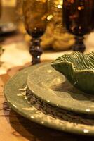 Ceramic tableware on the table in a restaurant. Selective focus. photo