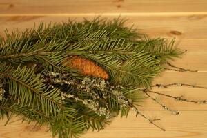 Christmas concept.Christmas bouquet with a bump, green spruce branches. photo