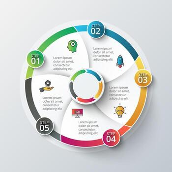 Circle infographic design template. Business concept with 5 options, parts, steps or processes. Can be used for workflow layout, diagram, number options, web design vector