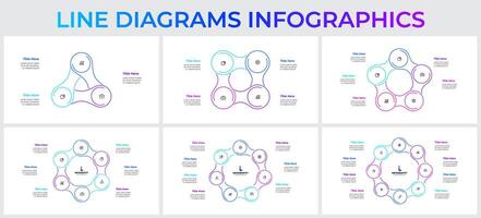 Collection of line diagrams infographic templates for business, education, and organizational use, ideal for presentation. Set with 3, 4, 5, 6, 7 and 8 options, steps or processes vector