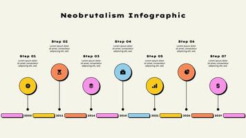 Seven horizontal circle elements. Concept of 7 options of business development process. Neobrutalism infographic template vector