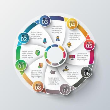 Circle infographic design template. Business concept with 8 options, parts, steps or processes. Can be used for workflow layout, diagram, number options, web design vector