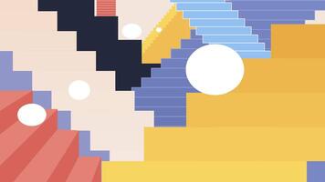 Colorful abstract staircase composition 2D animation concept. Optical illusion. White balls dynamically jumping down surreal maze endless stairs animated cartoon flat metaphor creative 4K video