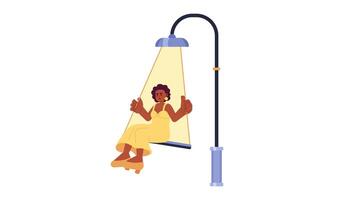 Black woman swaying on swing under lighting streetlamp 2D animation. Surreal yellow dress lady swinging motion streetlight animated character cartoon flat concept metaphor 4K isolated on white video