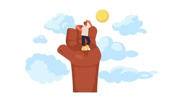 Tiny man standing on giant hand above clouds 2D animation. Looking into distance. Dreamlike vision. Surreal introspective animated character cartoon flat concept metaphor 4K isolated on white video