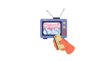 Flipping nature channels on retro TV screen 2D animation. Hand switching between natural landscapes. Nostalgia revival animated object cartoon flat concept metaphor 4K isolated on white video