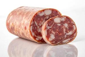 A mouthwatering close up shot of a sliced sausage, ready to be enjoyed. photo