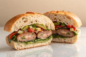 Close up of a gourmet sandwich with fresh ingredients ready to be served. photo