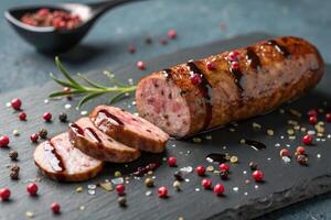 Delicious sliced sausage with peppercorns and rosemary, ready to be served. photo