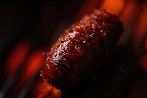 A mouthwatering close up of a sizzling, grilled sausage, ready to be enjoyed. photo