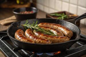 Grilled sausages in a cast iron pan, sizzling and ready to be enjoyed with fresh rosemary. photo