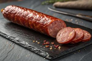 Smoked sausage on slate board photo
