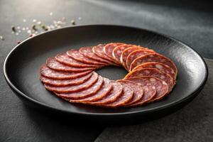 Slices of salami arranged on a black plate, ready to be enjoyed. photo