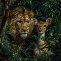 a lion and a deer in the woods photo