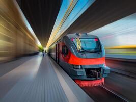 Modern train in motion and blur, Armenian Railways trains of Yerevan. train. Blur motion train. Train travel, movement, for banner, for advertising photo