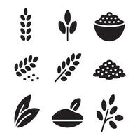 Solid Black Glyph Icons of Harvested Rice and Wheat Elements vector