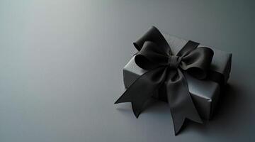 simple black gift box with a satin ribbon bow rests on a smooth gray surface. photo