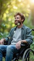 smiling man with a beard sits in a wheelchair outdoors enjoying the sunlight. photo