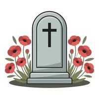 A grave with a cross and red poppies vector