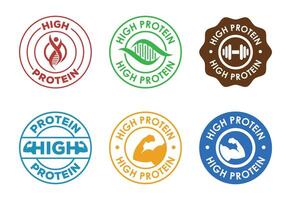 Assorted High Protein Label Designs with DNA, Dumbbell, and Arm Graphics vector