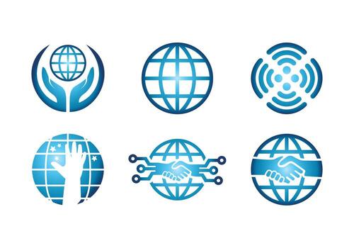 Collection of global business icons with hands, networking, and technology themes representing collaboration, connection, and global reach vector