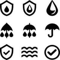 Collection of waterproof and water resistant icons for protection and safety. vector