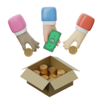 Three hands holding money and a box with coins png