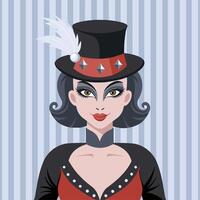 Stylish circus performer in a top hat with a feather. Clown. Portrait in circus style. Illustration. vector