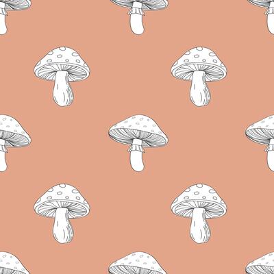 Seamless pattern with hand drawn mushrooms on terracotta surface. Background for printing, fabric, textile, wallpaper.