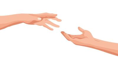 Two hands reaching for each other. Reaching hands giving and receiving help. Illustration. vector