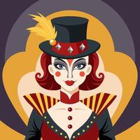 Stylish circus performer in a top hat with a feather. Clown girl. Portrait in circus style. Illustration. vector