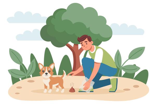 Man cleaning up after his dog in the park. Clean up after your dog concept. Dog owner cleaning up dog waste. Illustration.