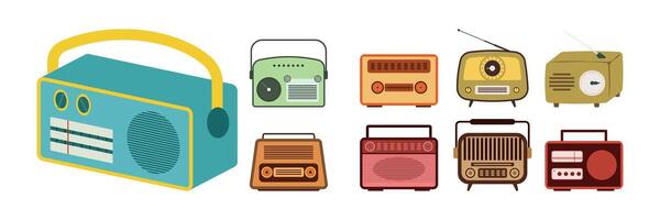 Collection of vintage technology and media icons. Retro devices and symbols representing classic communication and entertainment tools. vector
