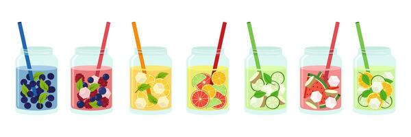 Vibrant cold beverages in assorted bottles, cans, and cartons. Brightly colored refreshing drink illustrations with playful, eye-catching designs. vector