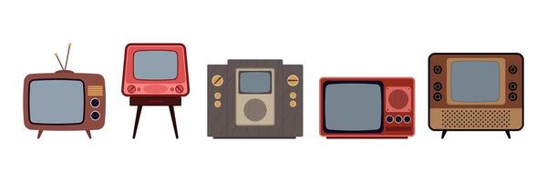 Collection of nostalgic vintage technology and media icons. Classic designs showcasing retro devices and communication tools from a bygone era. vector
