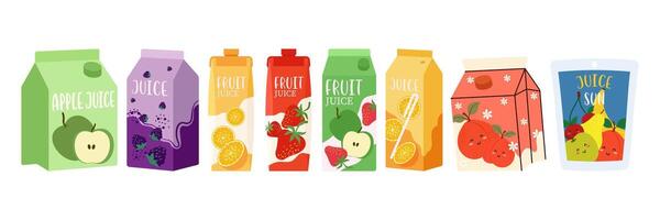 Vibrant assortment of cold drinks in glass bottles, cans, and cartons. Bright colors and refreshing designs create a lively and appealing beverage collection. vector