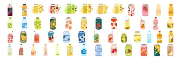 Assorted chilled beverage illustrations showcasing vibrant colors and refreshing textures. A variety of cool drinks capturing the essence of summer relaxation and rejuvenation. vector