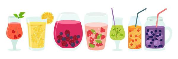 Vibrant assortment of cold drink containers in bottles, cans, and cartons. Bright, refreshing design showcasing a variety of colorful beverages. vector