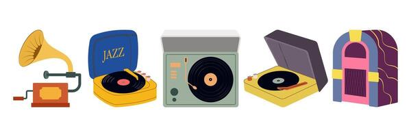 Collection of vintage technology and media icons showcasing classic devices and symbols. Timeless illustrations capturing retro communication and entertainment tools. vector
