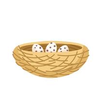 illustration of a bird nest with three speckled eggs inside. Ideal for spring themes, wildlife, nature education, Easter, or animal conservation content vector