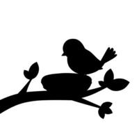 Silhouette of a bird perched beside a nest on a tree branch. Minimalist black icon style ideal for logo, symbol, or wildlife-related illustrations vector
