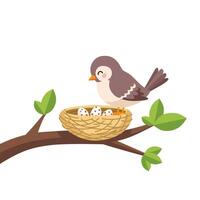 Cute of a bird sitting on a branch beside a nest filled with eggs. Ideal for spring, nature, motherhood, animal care, or educational illustrations vector