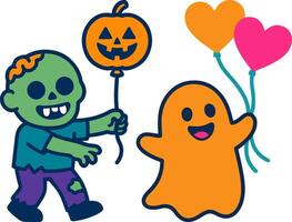 Cute ghost and zombie characters celebrating Halloween with balloons vector