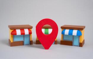 Competing stores and geolocation sign. High human traffic commercial locations. Advertising and targeting. Business location and digital maps influence customer traffic and sales. photo