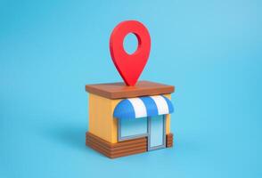 Shop with geolocation symbol on roof. Location pin button. Business location marketing, visibility on map platforms, and online-to-offline customer conversion. Modern retail discovery photo